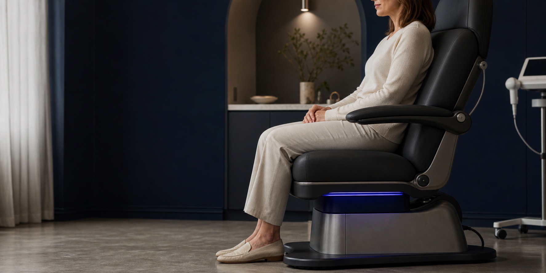 A fully clothed woman seated comfortably on a modern pelvic floor treatment chair